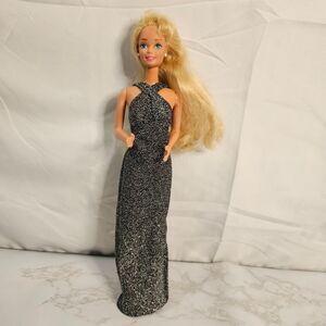 Vintage 1966 Mattel Barbie Doll Blonde Blue Eyes Silver Black Evening Dress